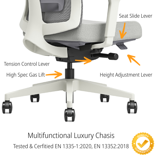Zoomed in view Grey mesh ergonomic office chair illustrating the seat slide lever, the high spec gas lift, the tension control lever and the height adjustabment lever. Tested & Certified Standards Displayed